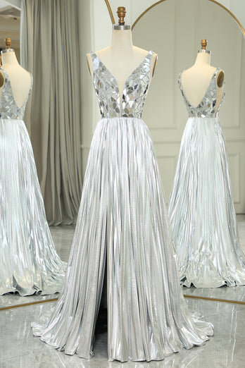 Silver A-line V-neck Long Pleated Corset Prom Dress with Slit