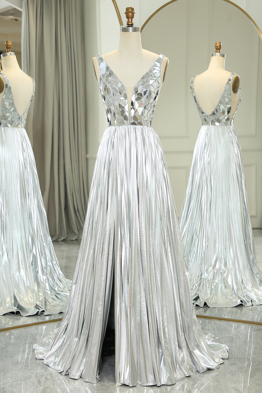 Silver A-line V-neck Long Pleated Corset Prom Dress with Slit