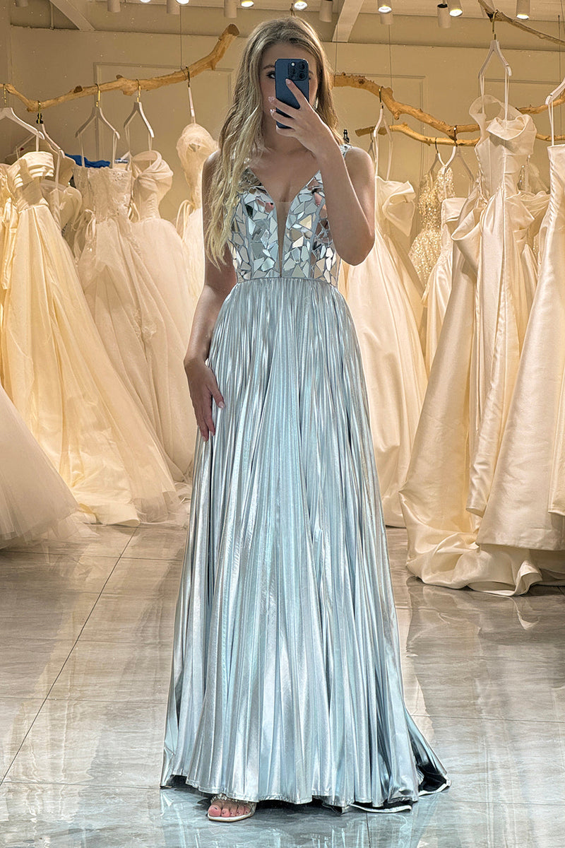 Load image into Gallery viewer, Golden A-line V-neck Long Pleated Prom Dress with Slit