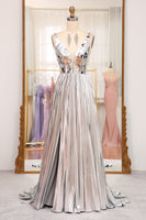 Load image into Gallery viewer, Sparkly Silver A-line V-neck Long Pleated Prom Dress
