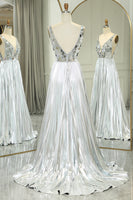 Load image into Gallery viewer, Silver A-line V-neck Long Pleated Corset Prom Dress with Slit