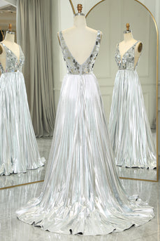 Silver A-line V-neck Long Pleated Corset Prom Dress with Slit