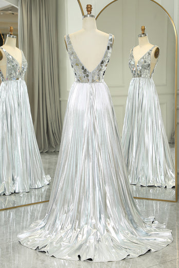 Silver A-line V-neck Long Pleated Corset Prom Dress with Slit
