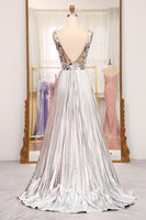 Load image into Gallery viewer, Sparkly Silver A-line V-neck Long Pleated Prom Dress