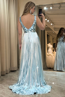 A-line V-neck Silver Long Pleated Prom Dress