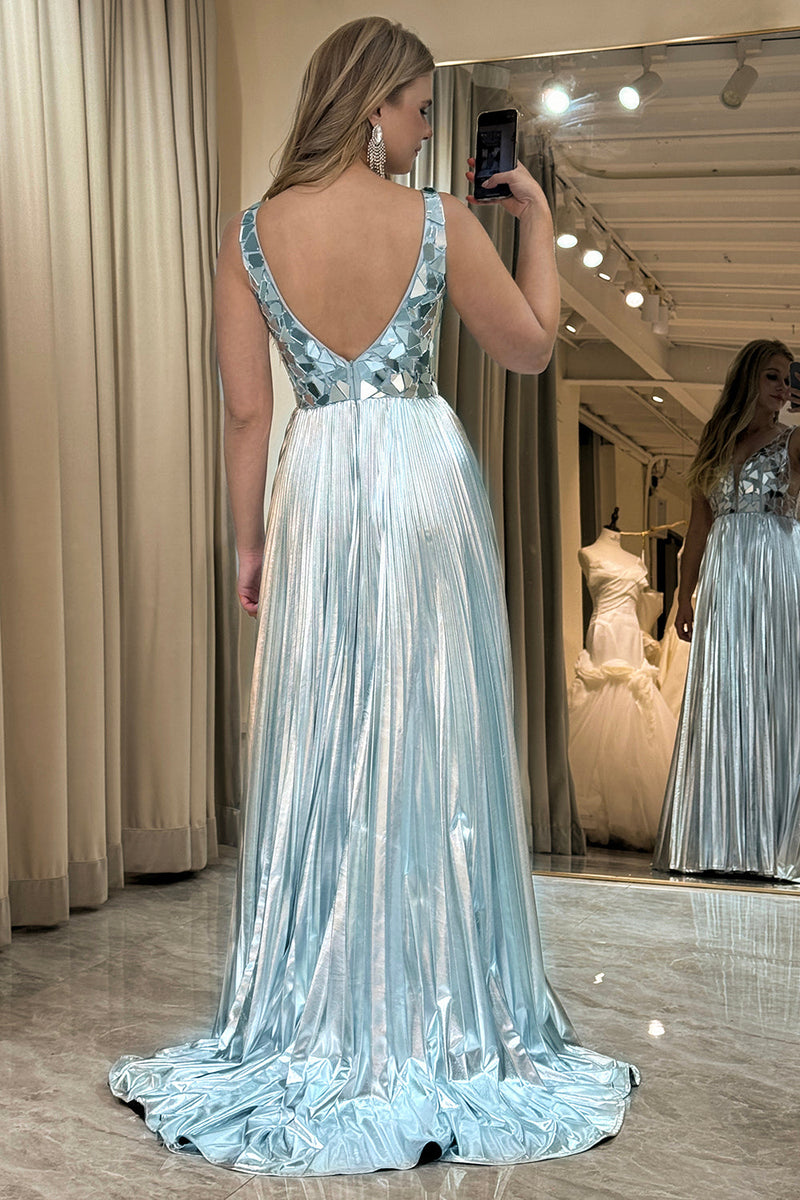 Load image into Gallery viewer, Golden A-line V-neck Long Pleated Prom Dress with Slit