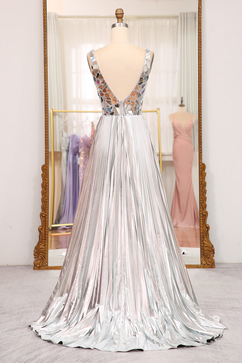 Load image into Gallery viewer, Sparkly Golden A-line V-neck Long Pleated Prom Dress with Slit