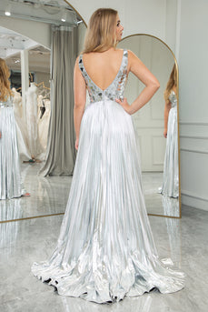 A-line Silver V-neck Long Pleated Corset Prom Dress with Slit