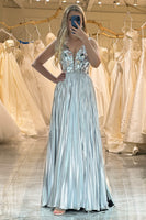 Load image into Gallery viewer, A-line V-neck Silver Long Pleated Prom Dress