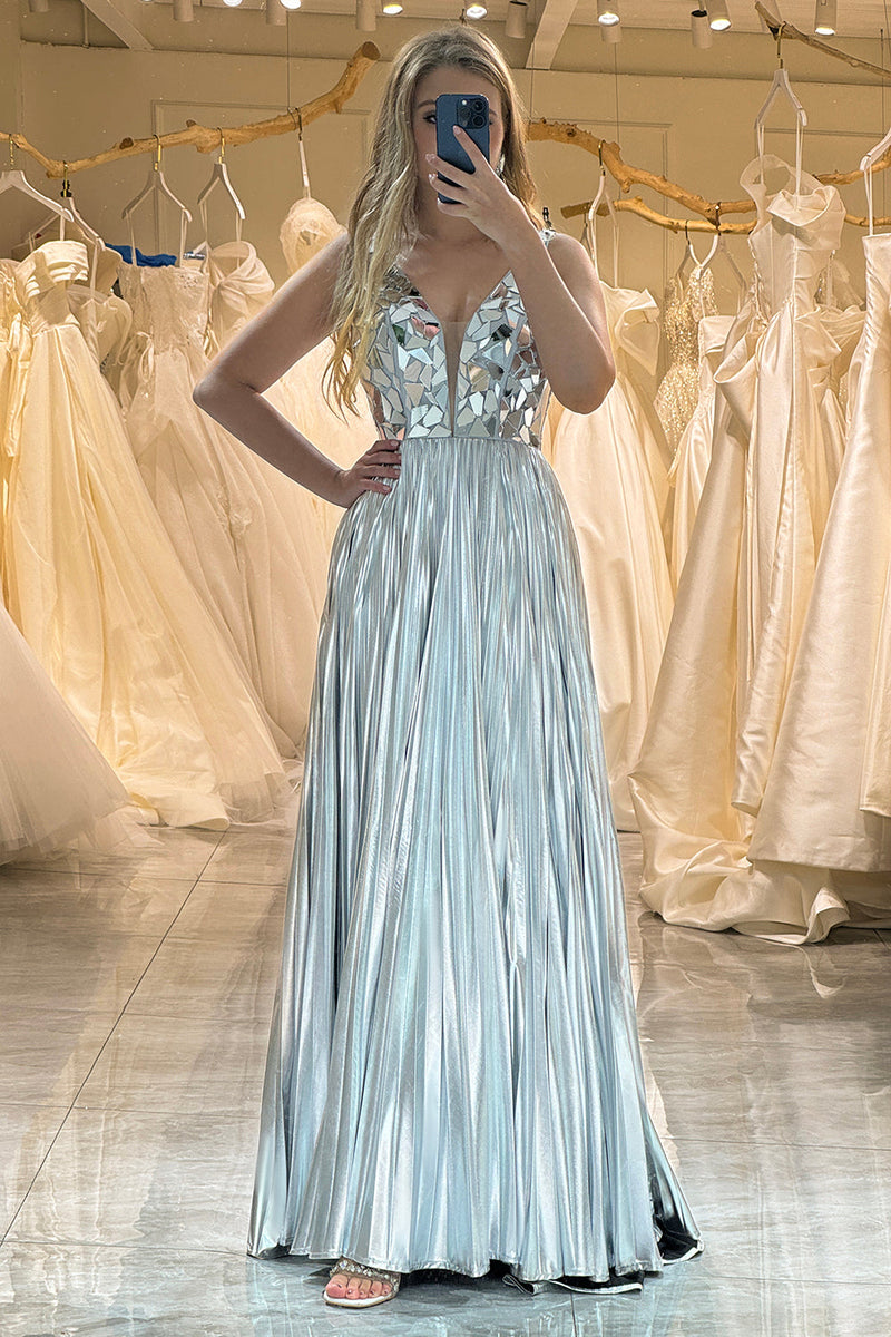 Load image into Gallery viewer, Golden A-line V-neck Long Pleated Prom Dress with Slit
