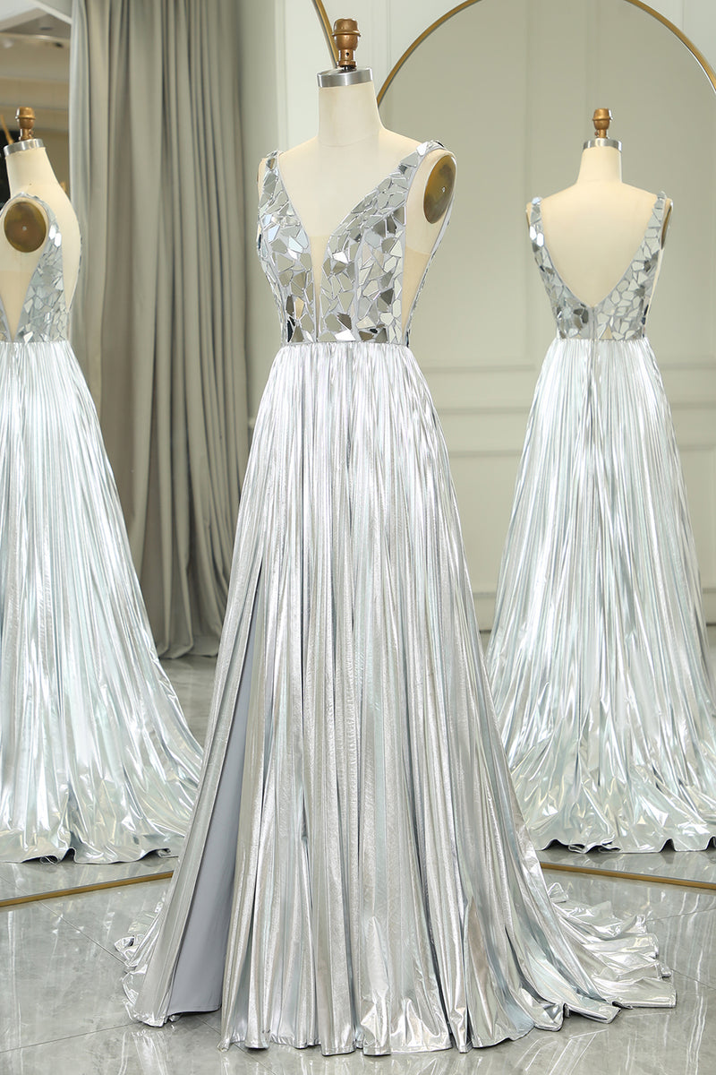 Load image into Gallery viewer, Silver A-line V-neck Long Pleated Corset Prom Dress with Slit