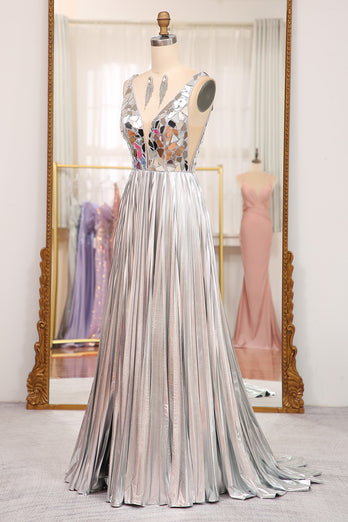 Sparkly Golden A-line V-neck Long Pleated Prom Dress with Slit