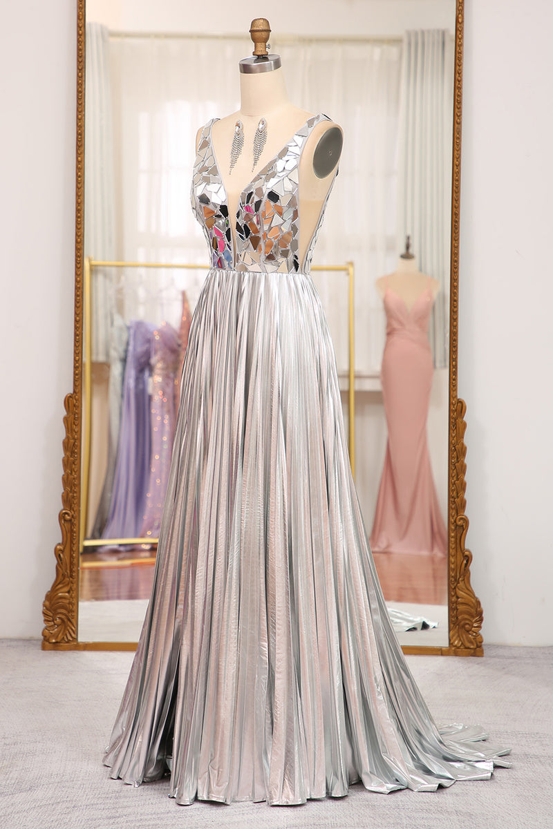 Load image into Gallery viewer, Sparkly Golden A-line V-neck Long Pleated Prom Dress with Slit