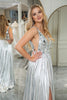 Load image into Gallery viewer, A-line Silver V-neck Long Pleated Corset Prom Dress with Slit