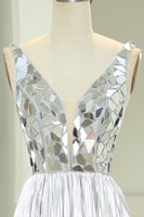 Load image into Gallery viewer, Silver A-line V-neck Long Pleated Corset Prom Dress with Slit