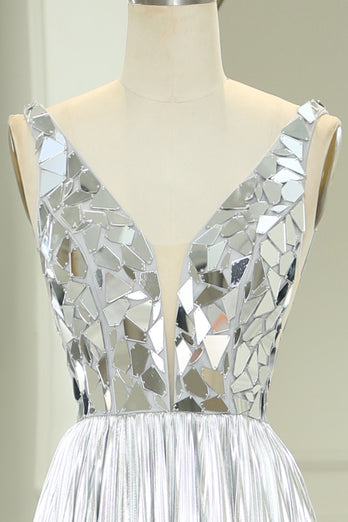 Silver A-line V-neck Long Pleated Corset Prom Dress with Slit