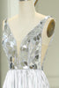 Load image into Gallery viewer, Silver A-line V-neck Long Pleated Corset Prom Dress with Slit