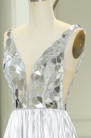 Load image into Gallery viewer, Silver A-line V-neck Long Pleated Corset Prom Dress with Slit