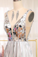 Load image into Gallery viewer, Sparkly Silver A-line V-neck Long Pleated Prom Dress