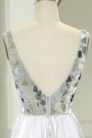Load image into Gallery viewer, Silver A-line V-neck Long Pleated Corset Prom Dress with Slit