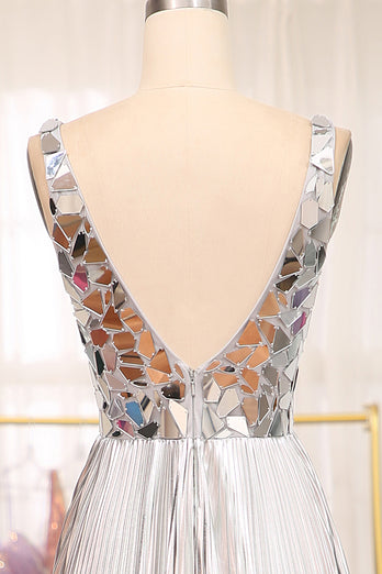 Sparkly Golden A-line V-neck Long Pleated Prom Dress with Slit