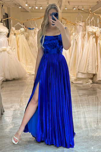 Sparkly A-line Spaghetti Straps Royal Blue Lace-Up Back Prom Dress with Slit