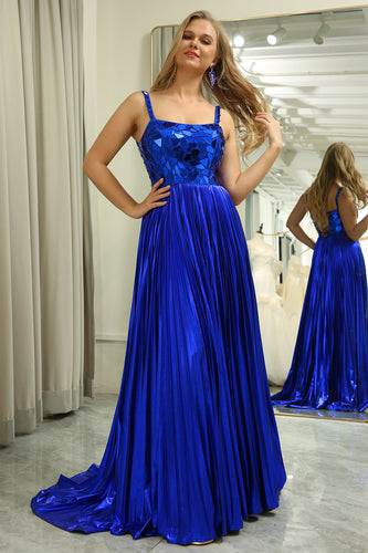 A-line Spaghetti Straps Royal Blue Pleated Prom Dress with Slit