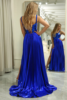 A-line Spaghetti Straps Royal Blue Pleated Prom Dress with Slit