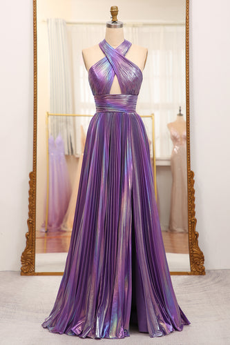 Glitter A-line Dark Purple Halter Neck Pleated Prom Dress