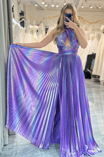 A-line Dark Purple Halter Neck Pleated Prom Dress
