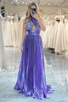 Load image into Gallery viewer, A-line Dark Purple Halter Neck Pleated Prom Dress