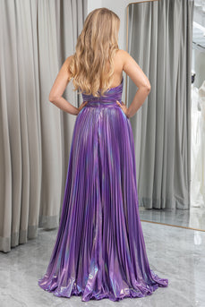 Dark Purple A-line Halter Neck Pleated Prom Dress