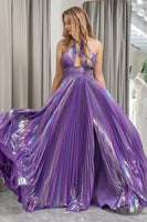 Load image into Gallery viewer, Dark Purple A-line Halter Neck Pleated Prom Dress