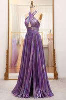 Load image into Gallery viewer, Glitter A-line Dark Purple Halter Neck Pleated Prom Dress
