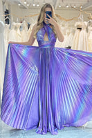 Load image into Gallery viewer, A-line Dark Purple Halter Neck Pleated Prom Dress