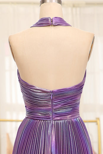 Glitter A-line Dark Purple Halter Neck Pleated Prom Dress