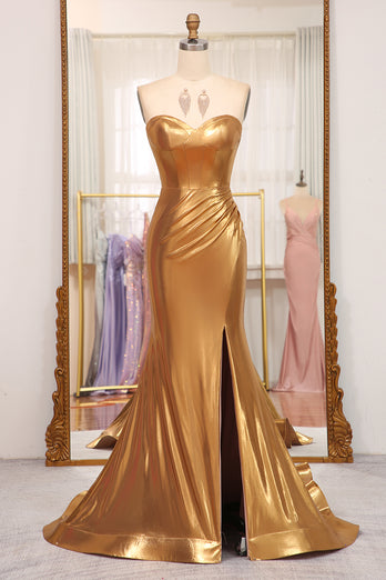 Strapless Mermaid Golden Corset Long Prom Dress with Slit