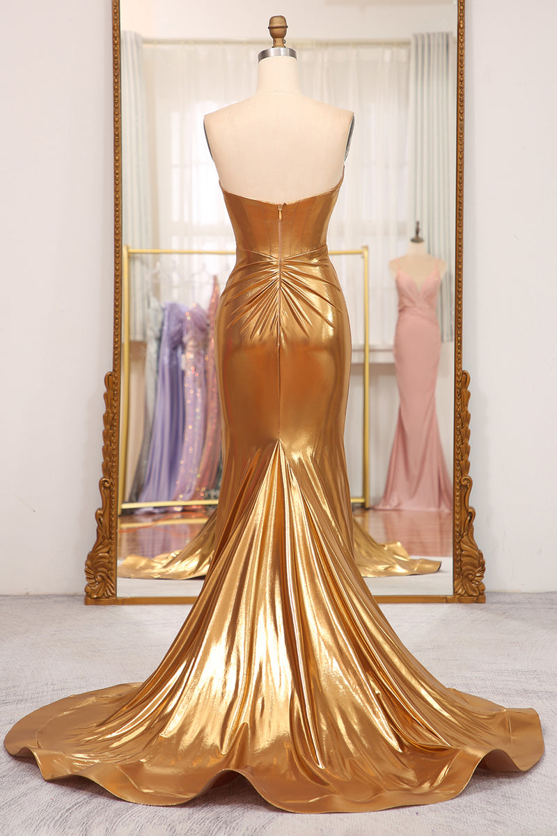 Load image into Gallery viewer, Strapless Mermaid Golden Corset Long Prom Dress with Slit