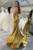Load image into Gallery viewer, Mermaid Golden Strapless Corset Long Prom Dress with Slit