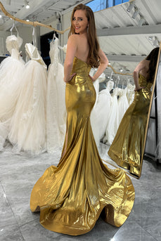Mermaid Golden Strapless Corset Long Prom Dress with Slit