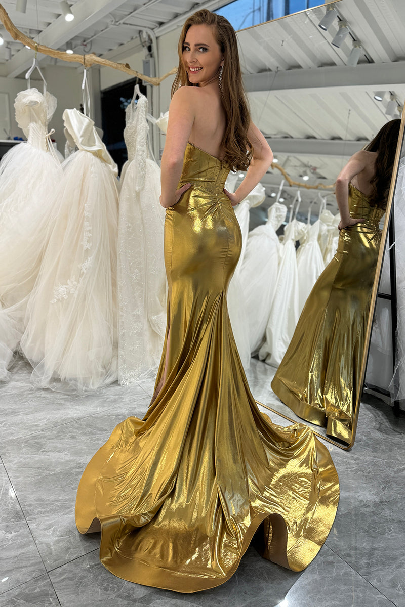 Load image into Gallery viewer, Mermaid Golden Strapless Corset Long Prom Dress with Slit
