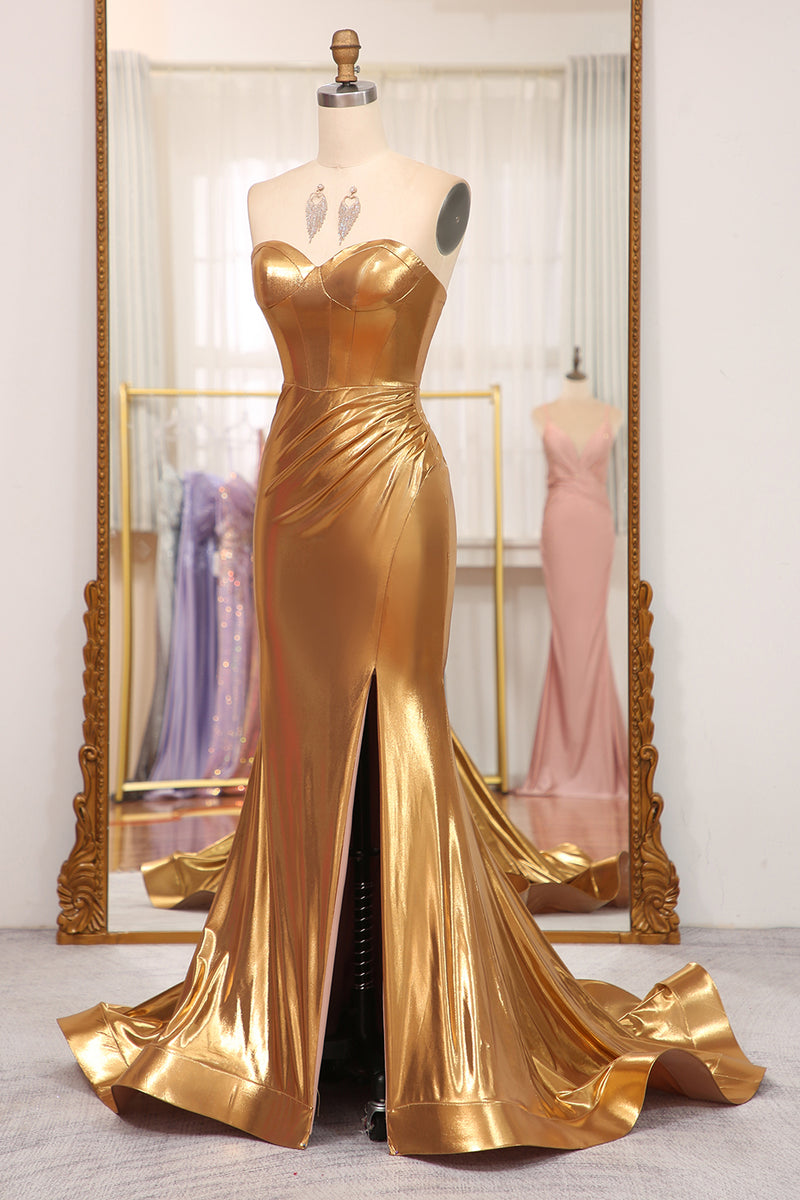 Load image into Gallery viewer, Strapless Mermaid Golden Corset Long Prom Dress with Slit
