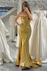 Load image into Gallery viewer, Mermaid Golden Strapless Corset Long Prom Dress with Slit