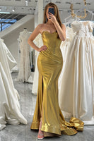 Load image into Gallery viewer, Mermaid Golden Strapless Corset Long Prom Dress with Slit