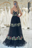 Load image into Gallery viewer, Black A-Line Spaghetti Straps Embroidered Tulle Long Prom Dress
