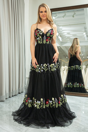 A-Line Spaghetti Straps Black Embroidered Tulle Long Prom Dress