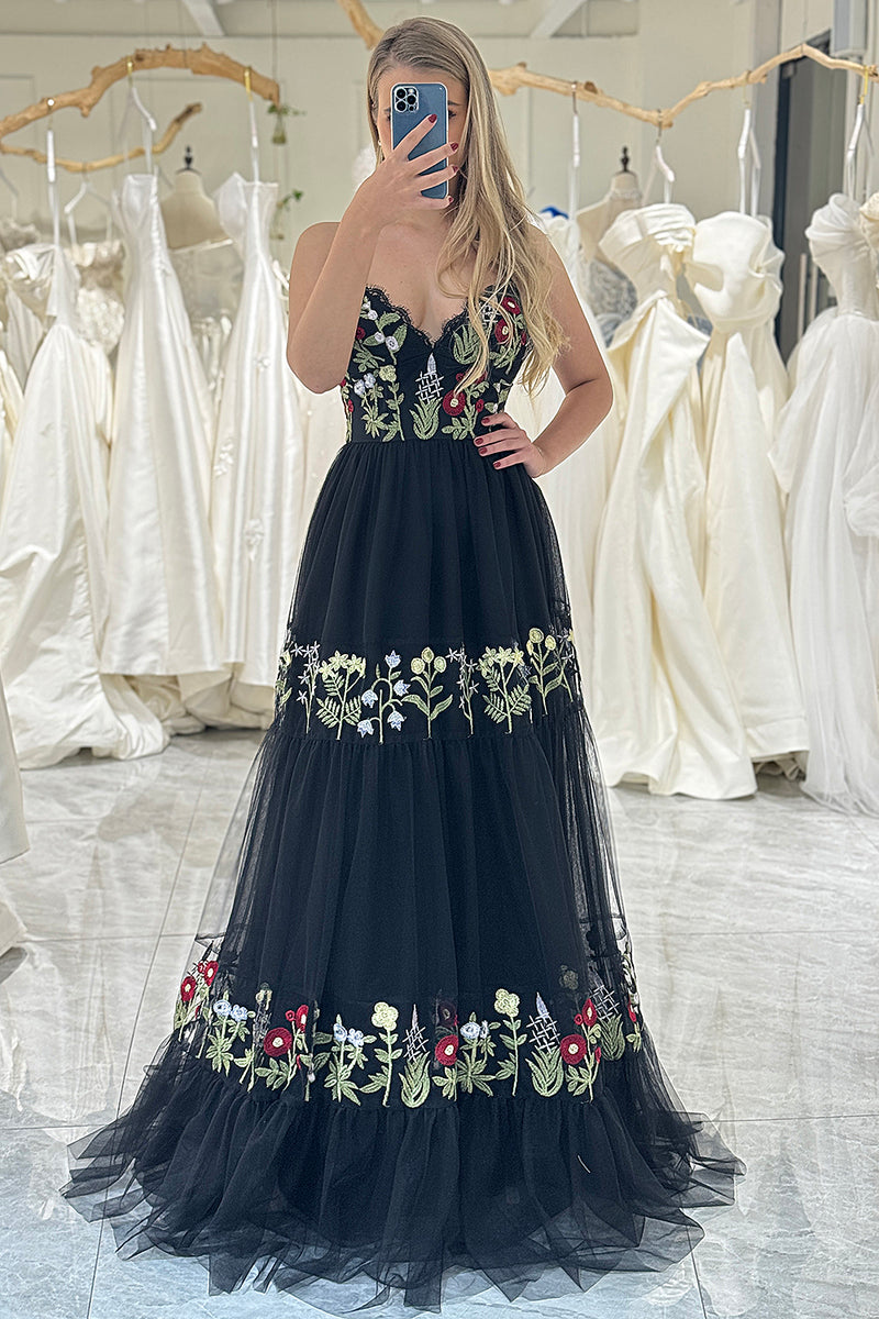 Load image into Gallery viewer, Black A-Line Spaghetti Straps Embroidered Tulle Long Prom Dress