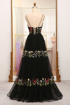 A-Line Black Spaghetti Straps Embroidered Tulle Long Prom Dress