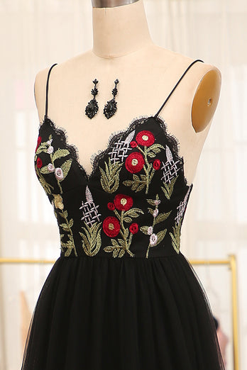 A-Line Black Spaghetti Straps Embroidered Tulle Long Prom Dress