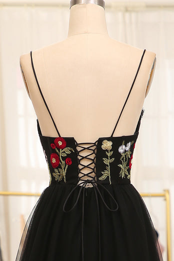 A-Line Black Spaghetti Straps Embroidered Tulle Long Prom Dress